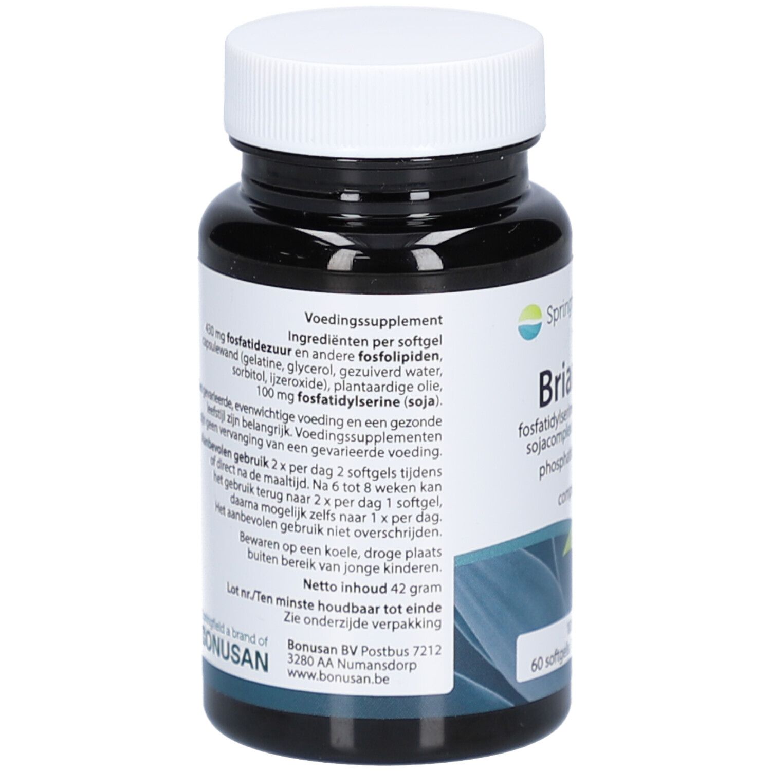 Retro del flacone nero. Testo con ingredienti e istruzioni per l'uso. Nome del prodotto e logo. 60 capsule molli.