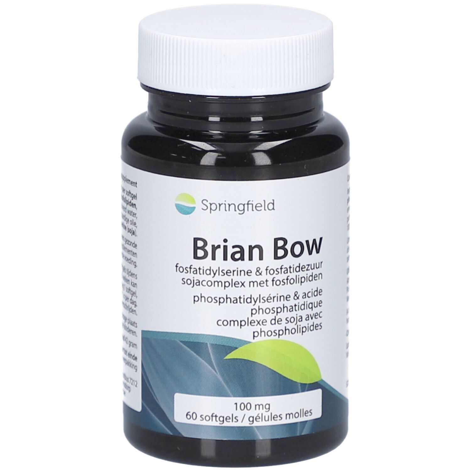 Flacone nero con tappo bianco. Scritta: Springfield Brian Bow Pas-Cplx 100 mg. 60 capsule molli. Nome e logo.