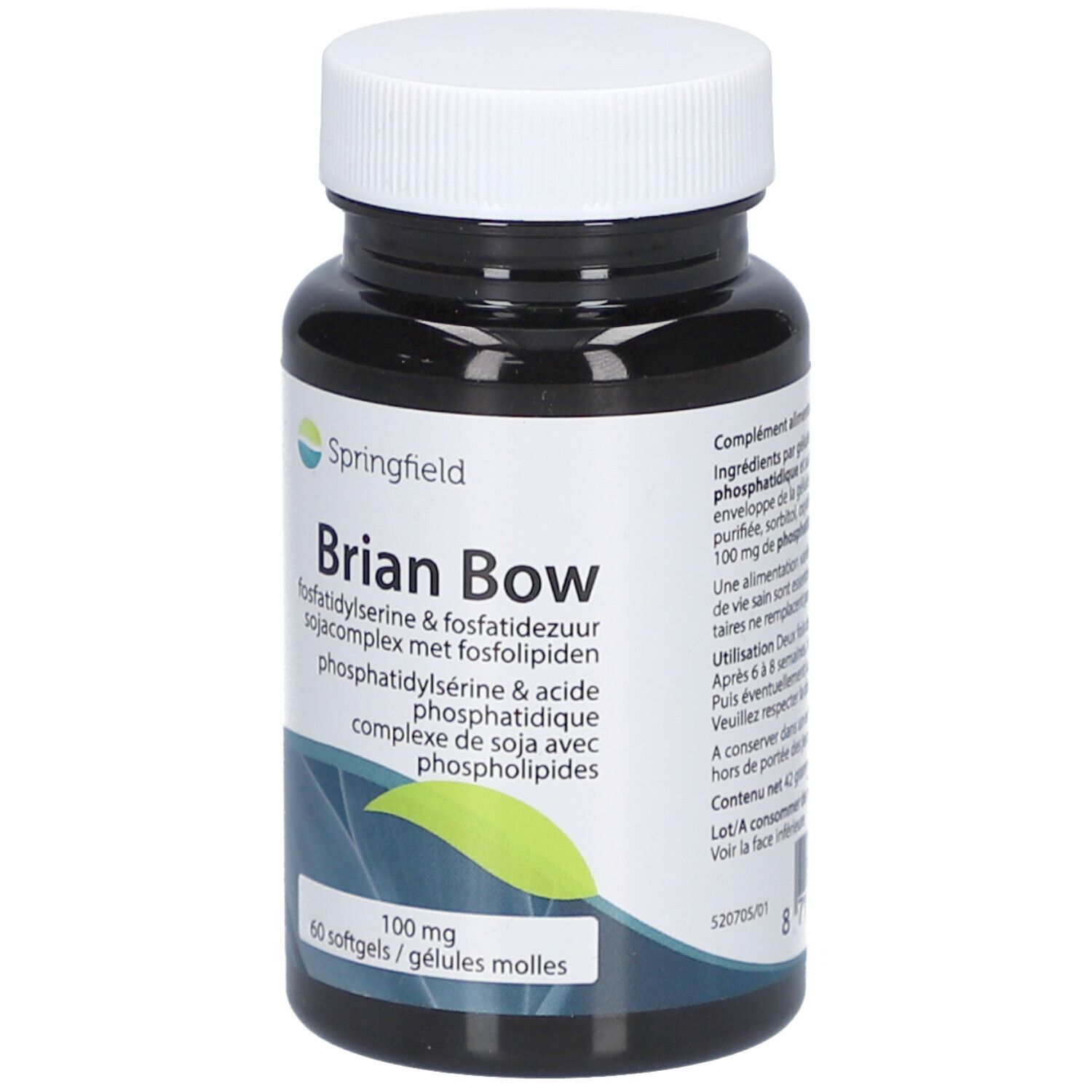 Flacone nero con tappo bianco. Scritta: Springfield Brian Bow Pas-Cplx 100 mg. 60 capsule molli. Nome e logo.
