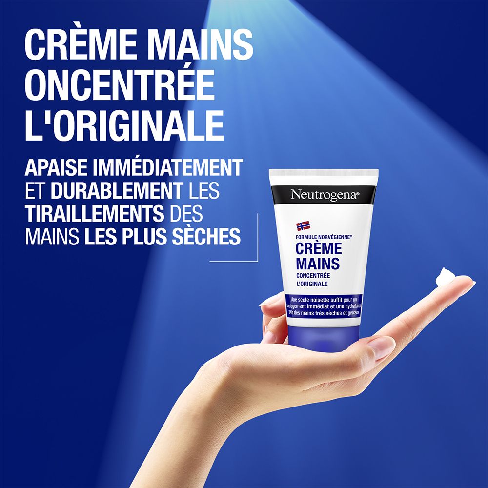 Mano con crema. Neutrogena Crème Mains concentrée. Testo. Sfondo blu.