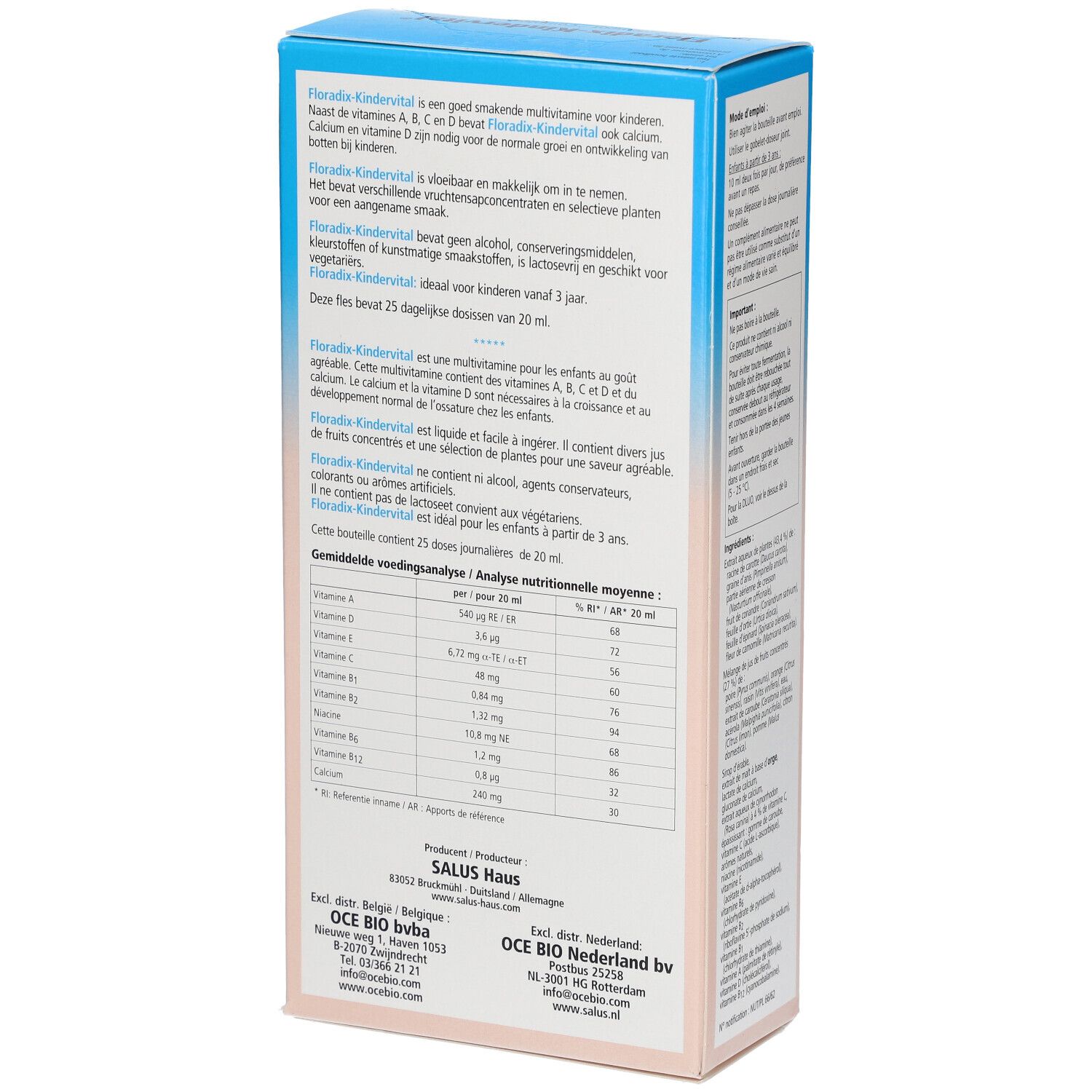Confezione di Salus Floradix Kindervital. Contiene multivitamine con calcio. Scritte in olandese, francese e tedesco.