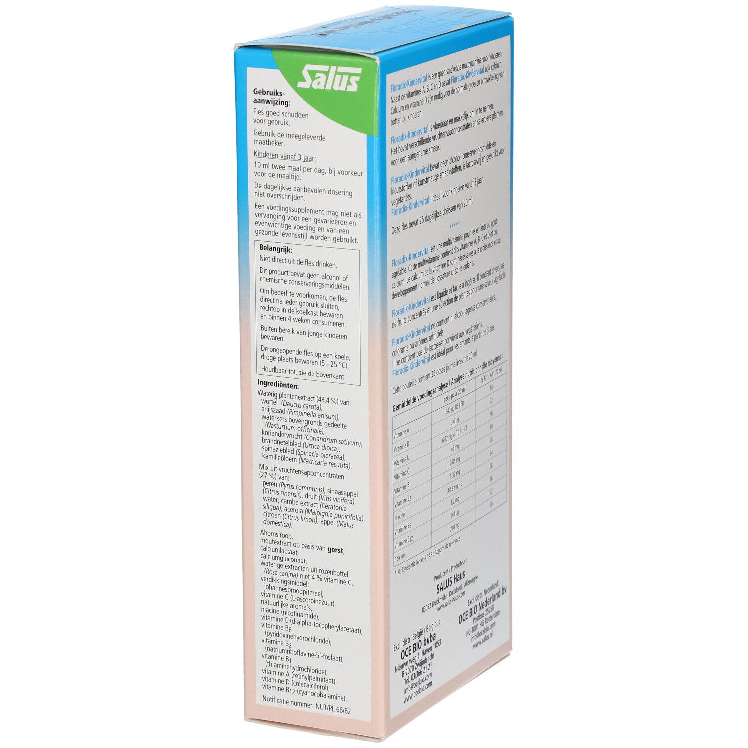 Confezione di Salus Floradix Kindervital. Contiene multivitamine con calcio. Scritte in olandese, francese e tedesco.