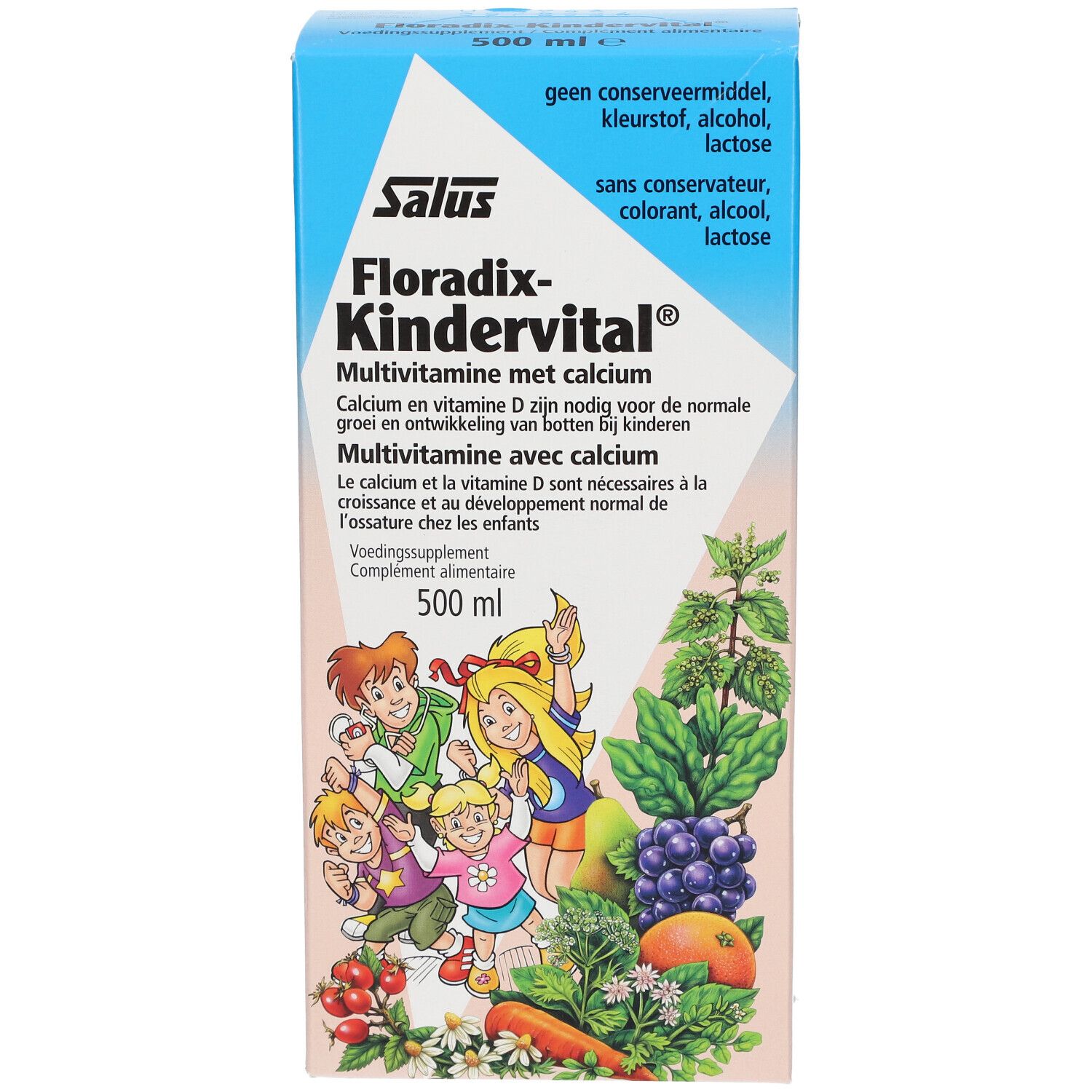 Confezione di Salus Floradix Kindervital. Contiene multivitamine con calcio. Scritte in olandese, francese e tedesco.