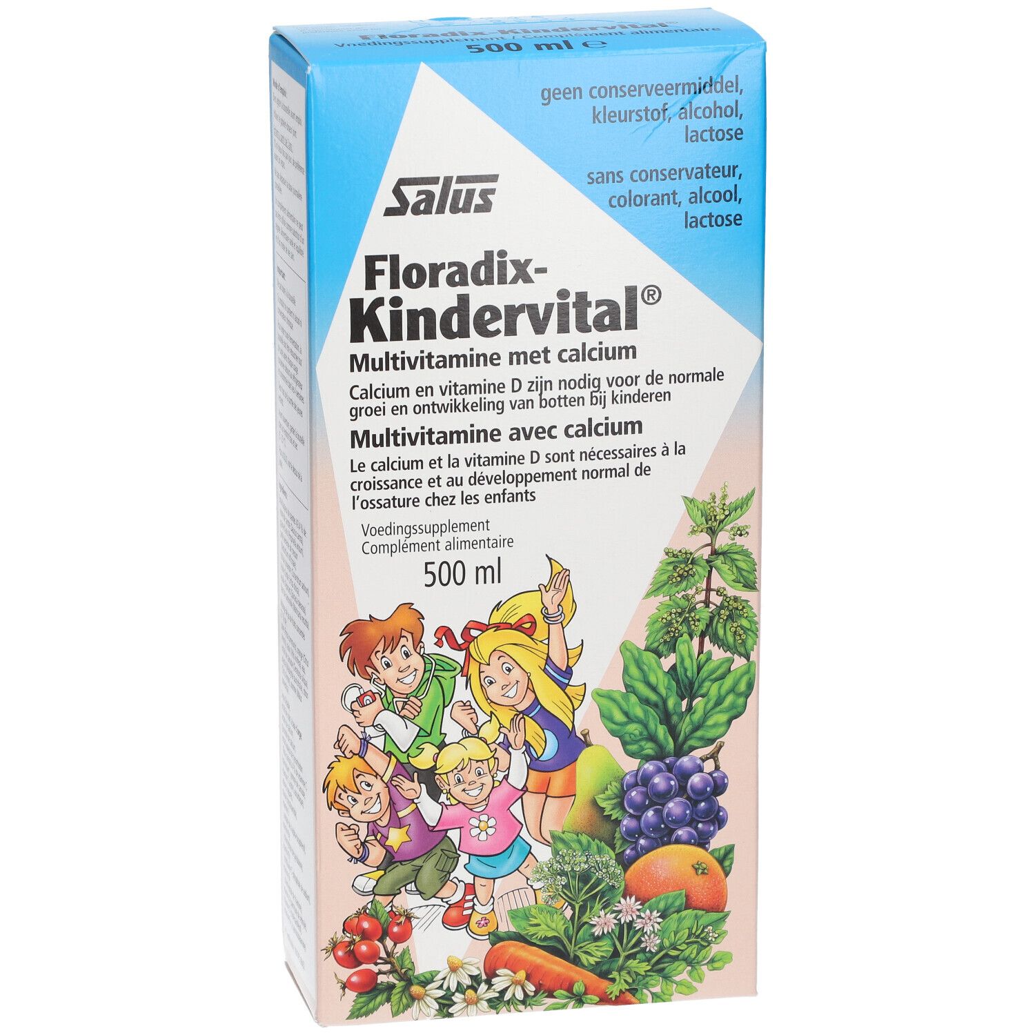 Confezione di Salus Floradix Kindervital. Contiene multivitamine con calcio. Scritte in olandese, francese e tedesco.