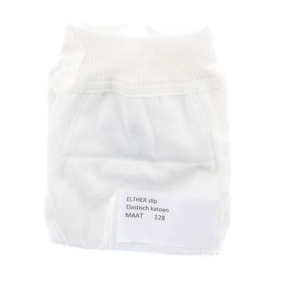 Slip bianco Elther con fascia elastica. Etichetta con informazioni sul prodotto: Elther slip, Elastisch katoen, MAAT 128.