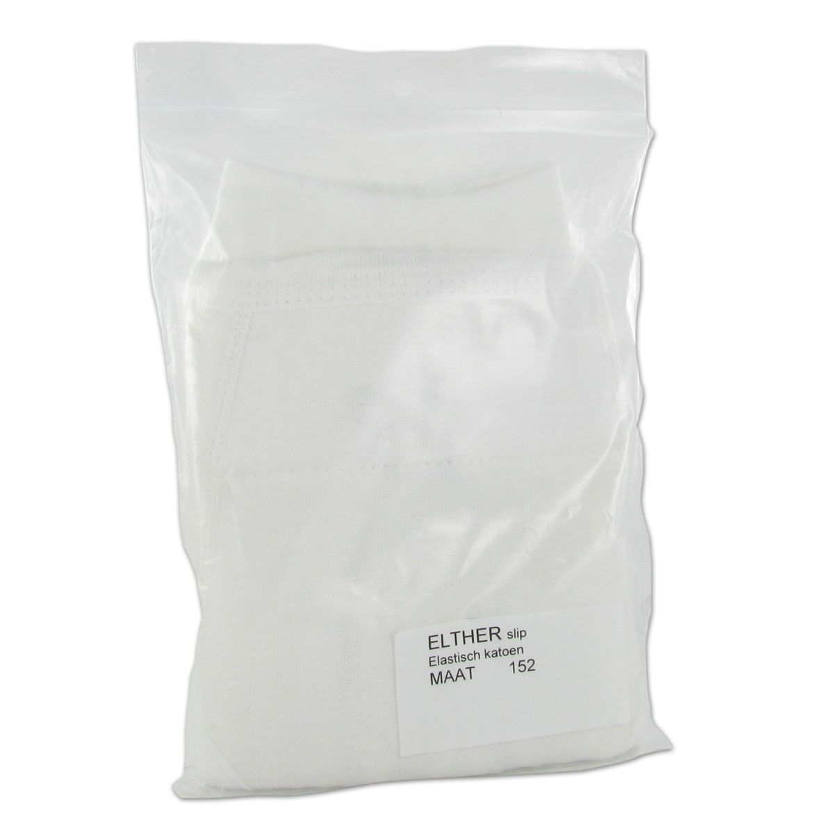 Slip bianco in confezione di plastica. Etichetta con "ELTHER slip", "Elastisch katoen", "MAAT 152".