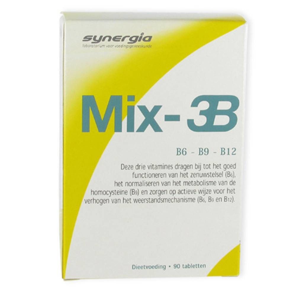 Confezione Mix-3B con vitamine B6, B9, B12. Scatola bianca e gialla con testo e logo Synergia.