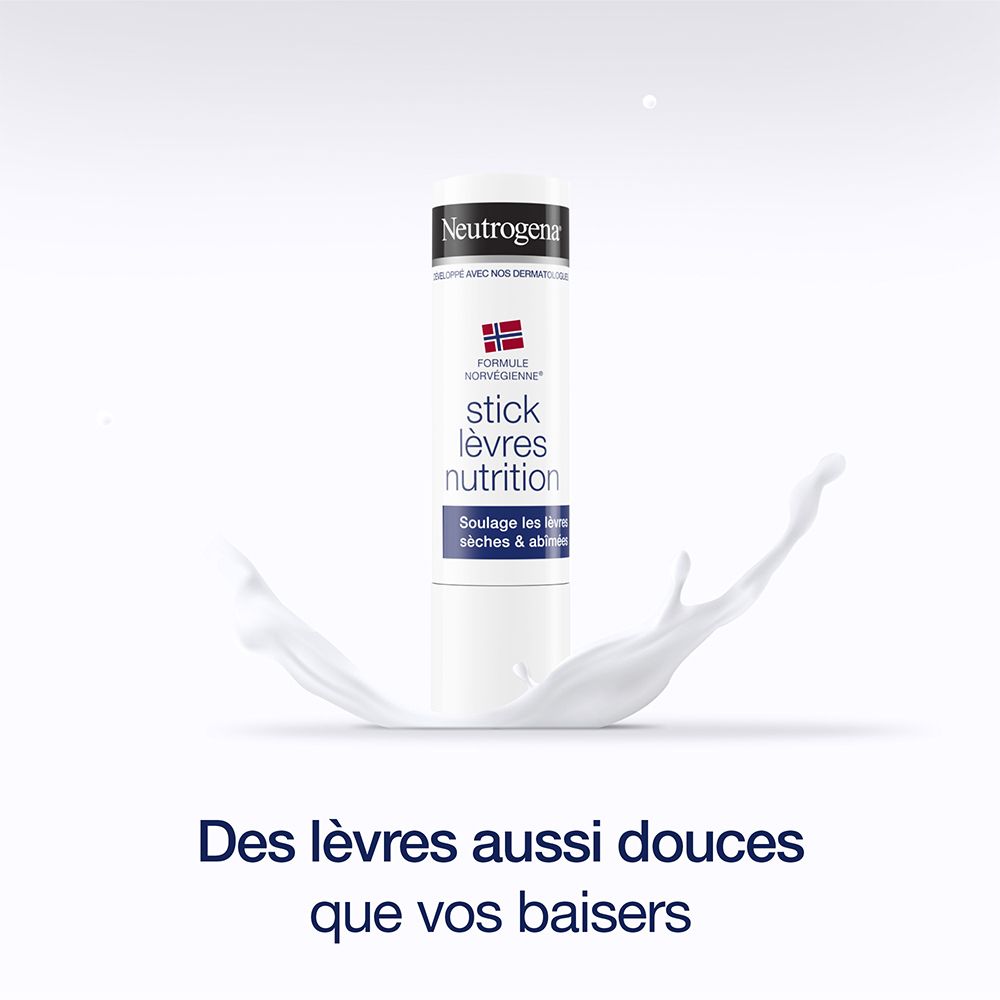 Stick labbra Neutrogena con schizzo di latte. Testo: Des lèvres aussi douces que vos baisers.