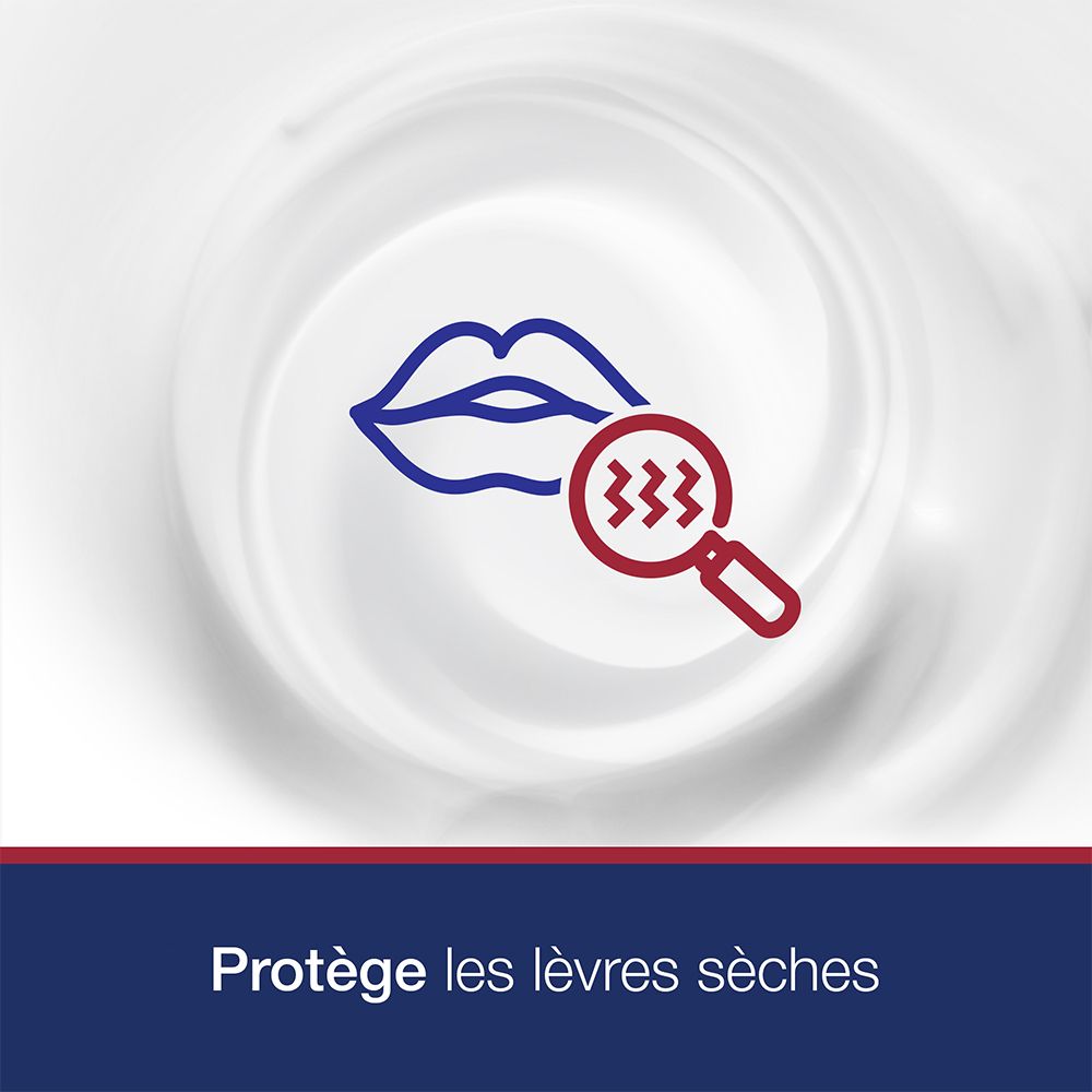 Icona labbra con lente d'ingrandimento su sfondo bianco. Testo: Protège les lèvres sèches.
