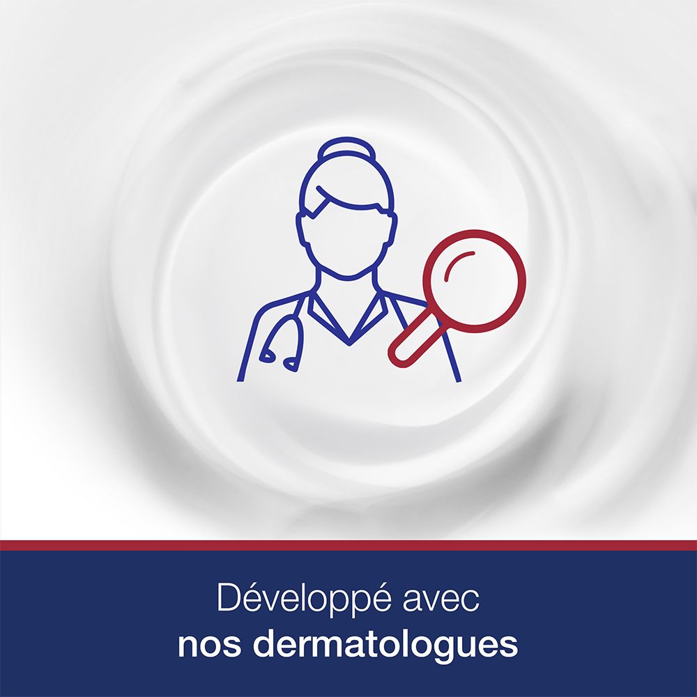 Icona medico con lente d'ingrandimento su sfondo bianco. Testo: Développé avec nos dermatologues.