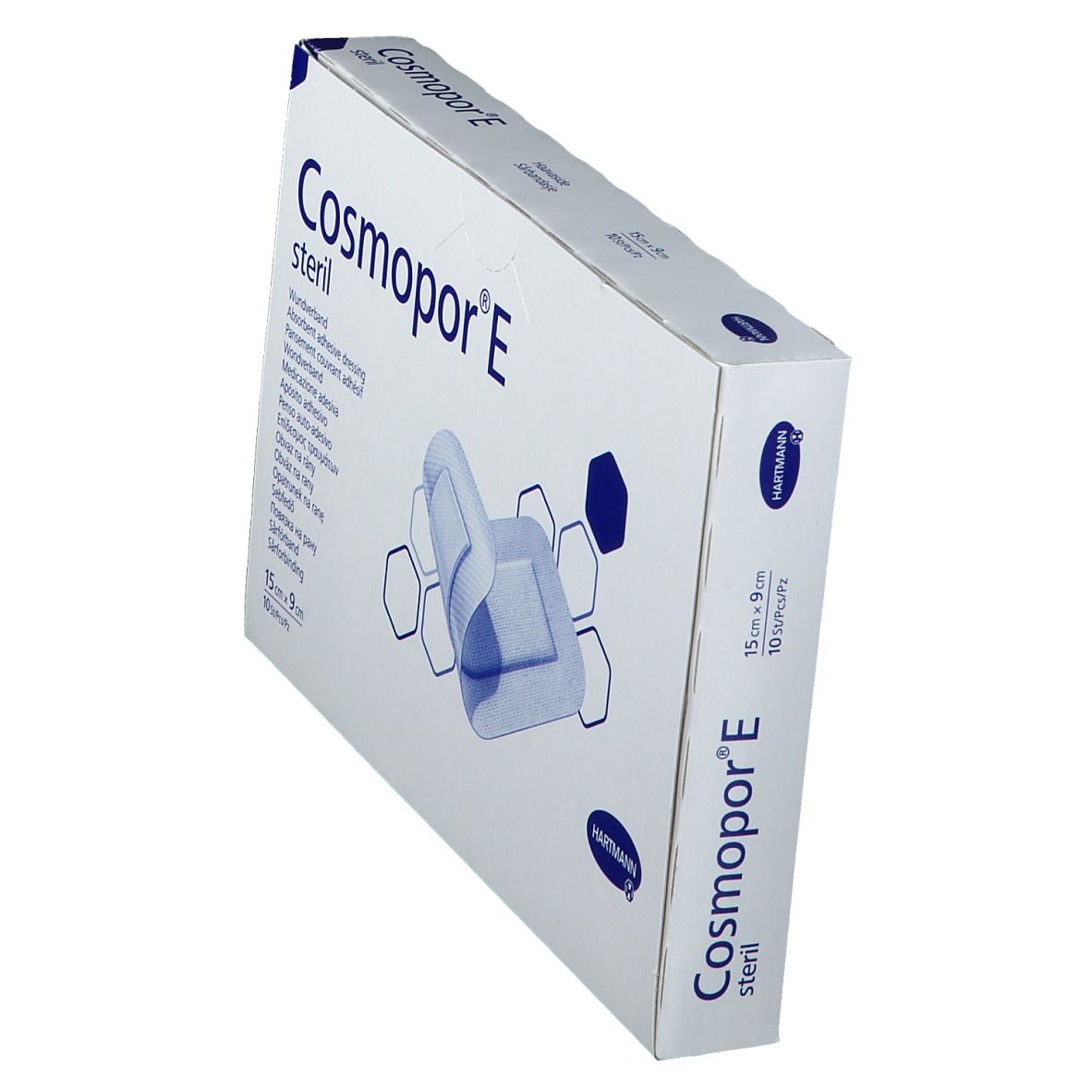 Vista obliqua della confezione Cosmopor® E sterile. Nome del prodotto, dimensioni 15 x 9 cm e logo.