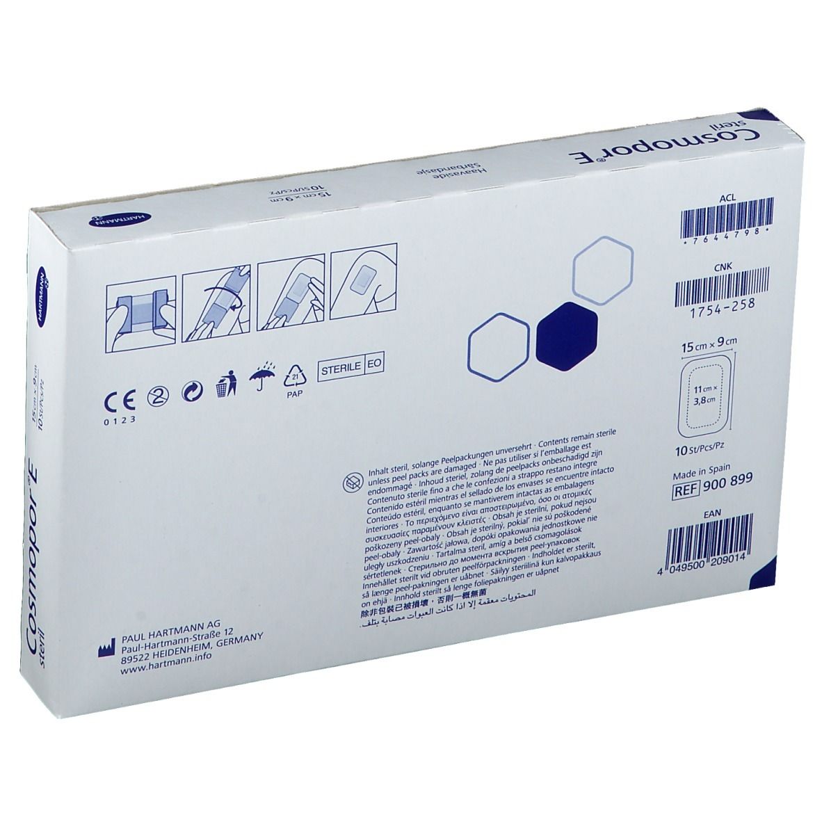 Retro della confezione Cosmopor® E sterile. Informazioni, dimensioni 15 x 9 cm e marchio CE.