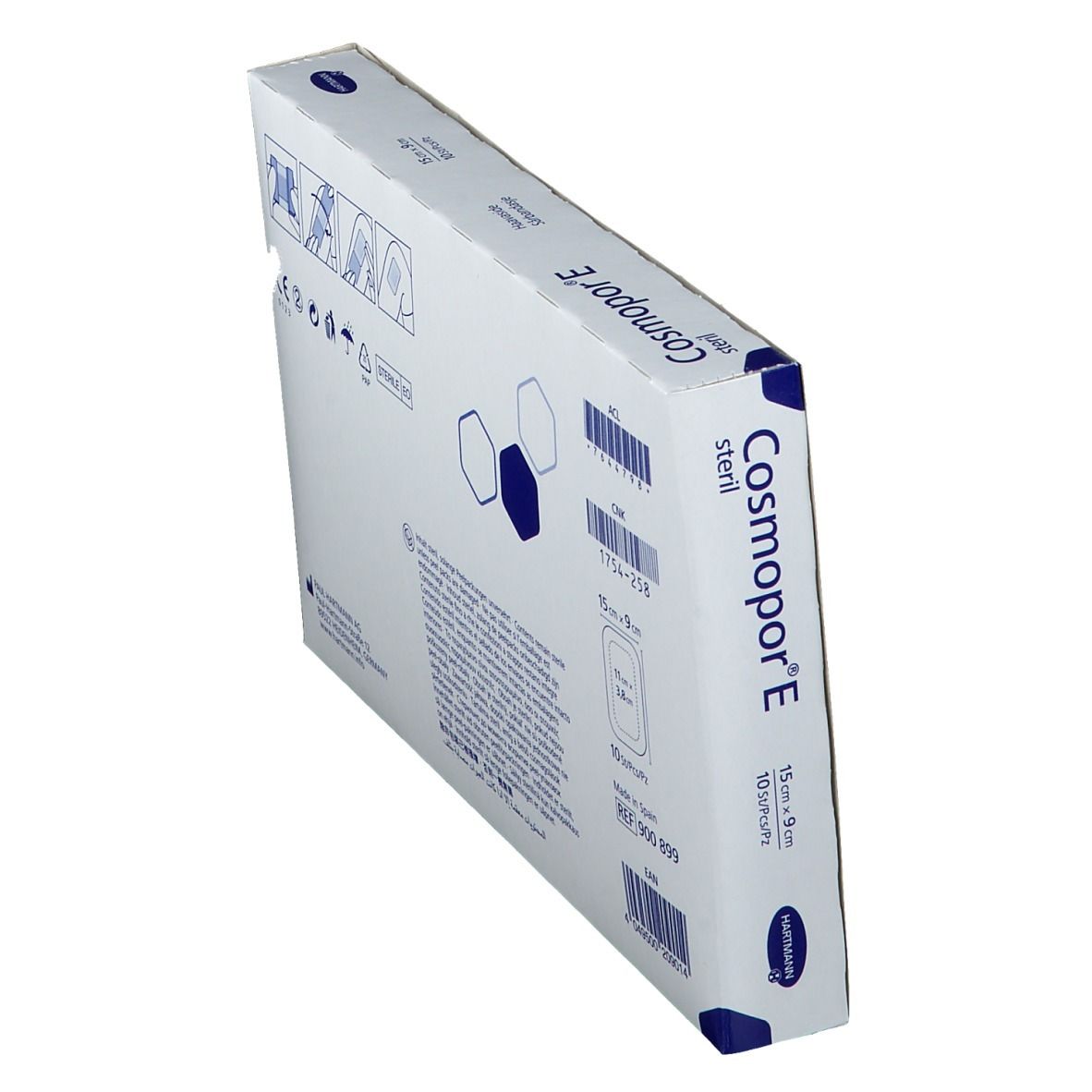 Vista obliqua della confezione Cosmopor® E sterile. Nome del prodotto, dimensioni 15 x 9 cm e logo.