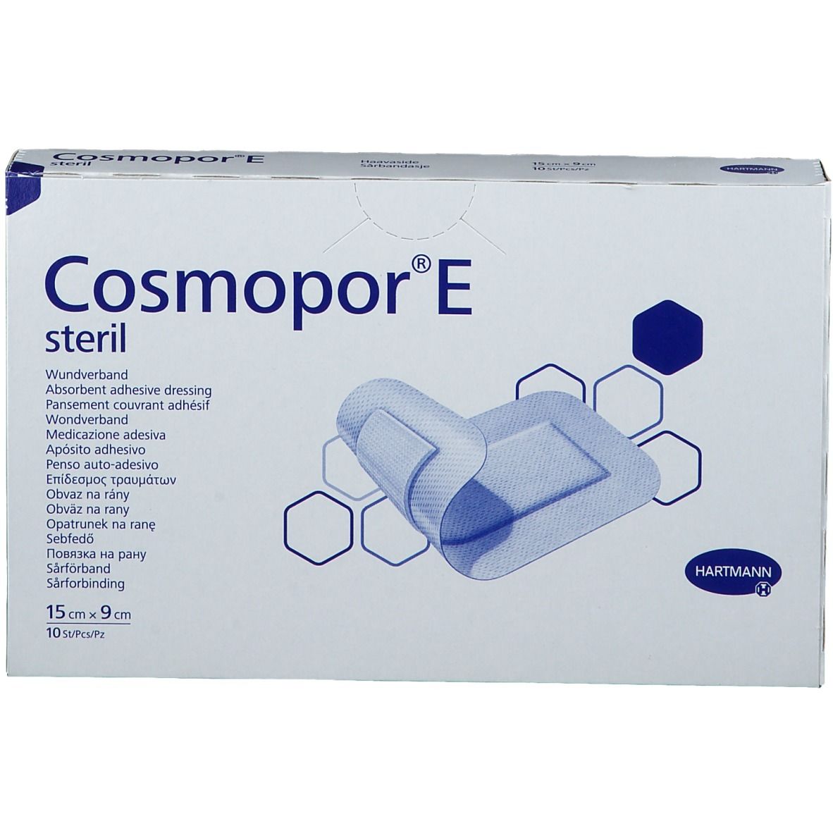 Confezione di medicazioni Cosmopor® E sterili, 15 x 9 cm, 10 pezzi. Immagine del prodotto e dimensioni.