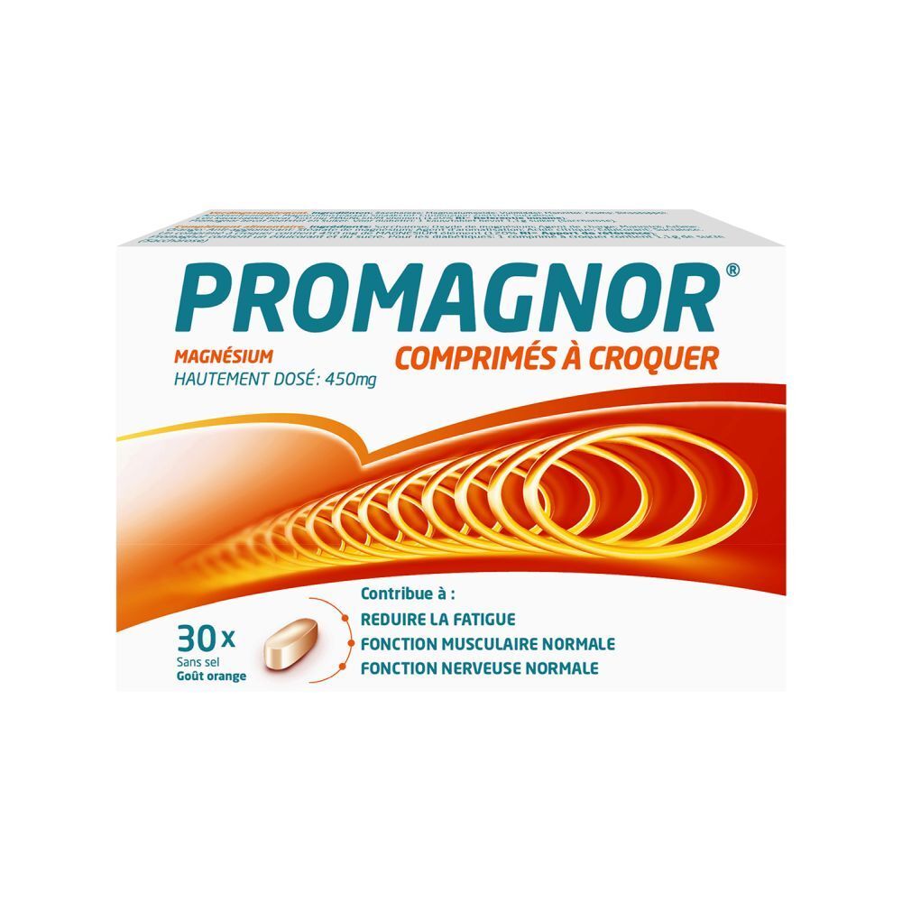 Confezione di PROMAGNOR® compresse masticabili. 30 compresse. Sfondo arancione con cerchi gialli.