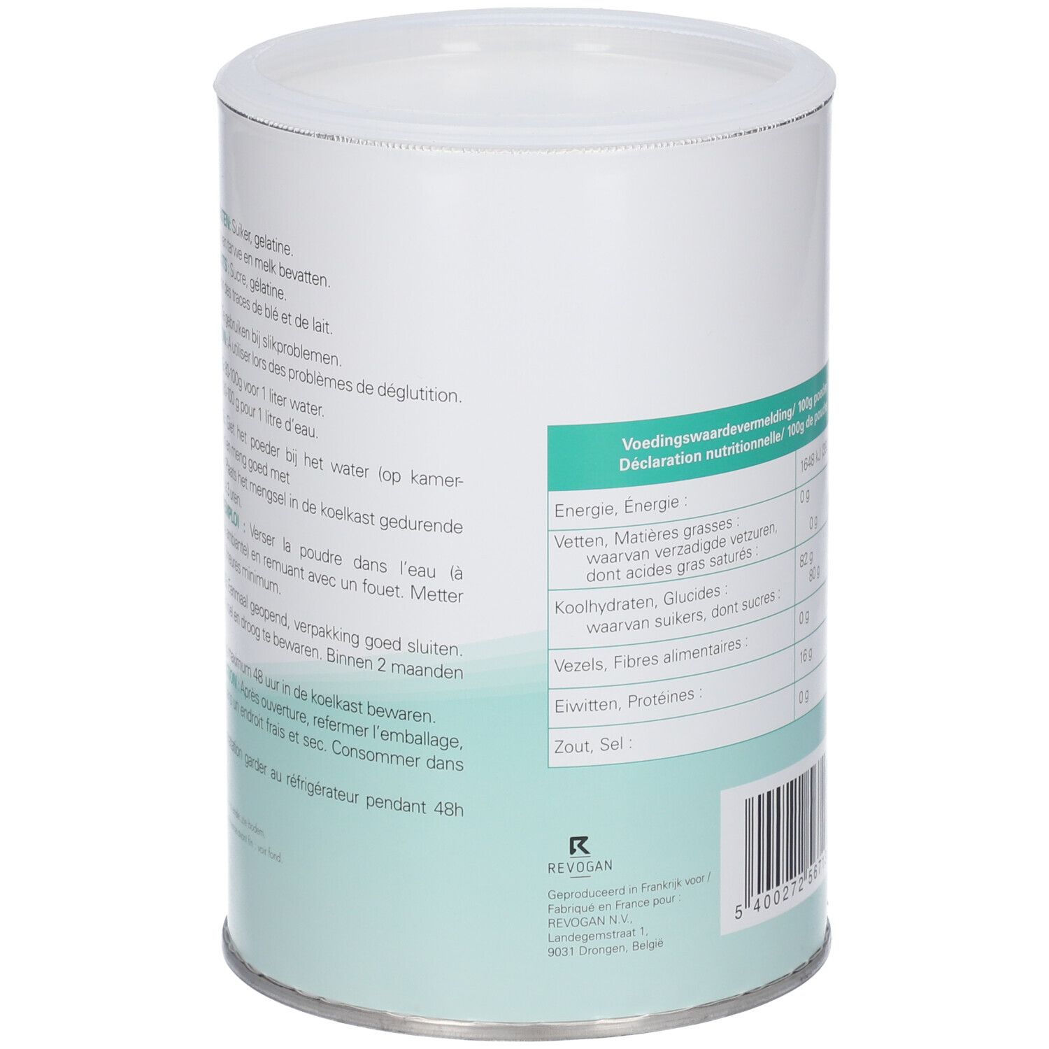 Barattolo cilindrico con testo. Stampa con istruzioni e informazioni nutrizionali. Codice a barre in basso. Sfondo bianco.