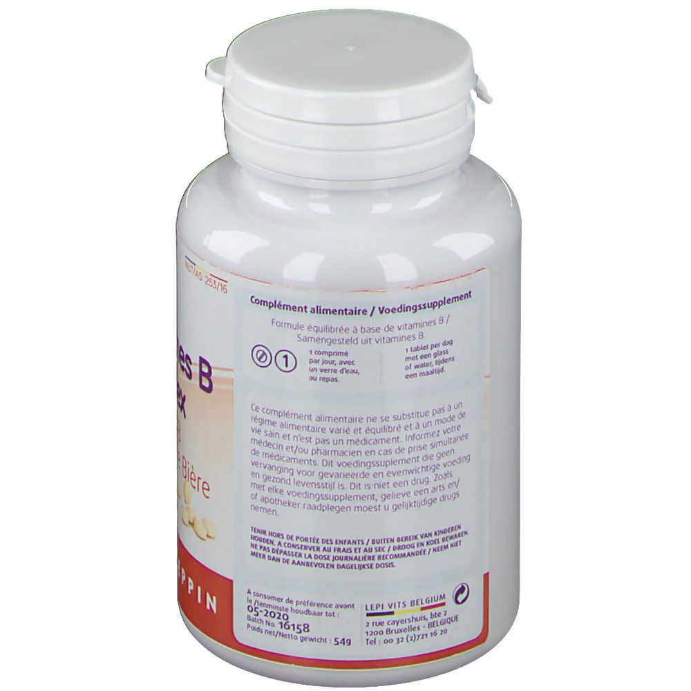 Retro del flacone bianco di Vitamine B Complex. Testo: Integratore alimentare. Ingredienti e dosaggio. Marchio: Leppin.