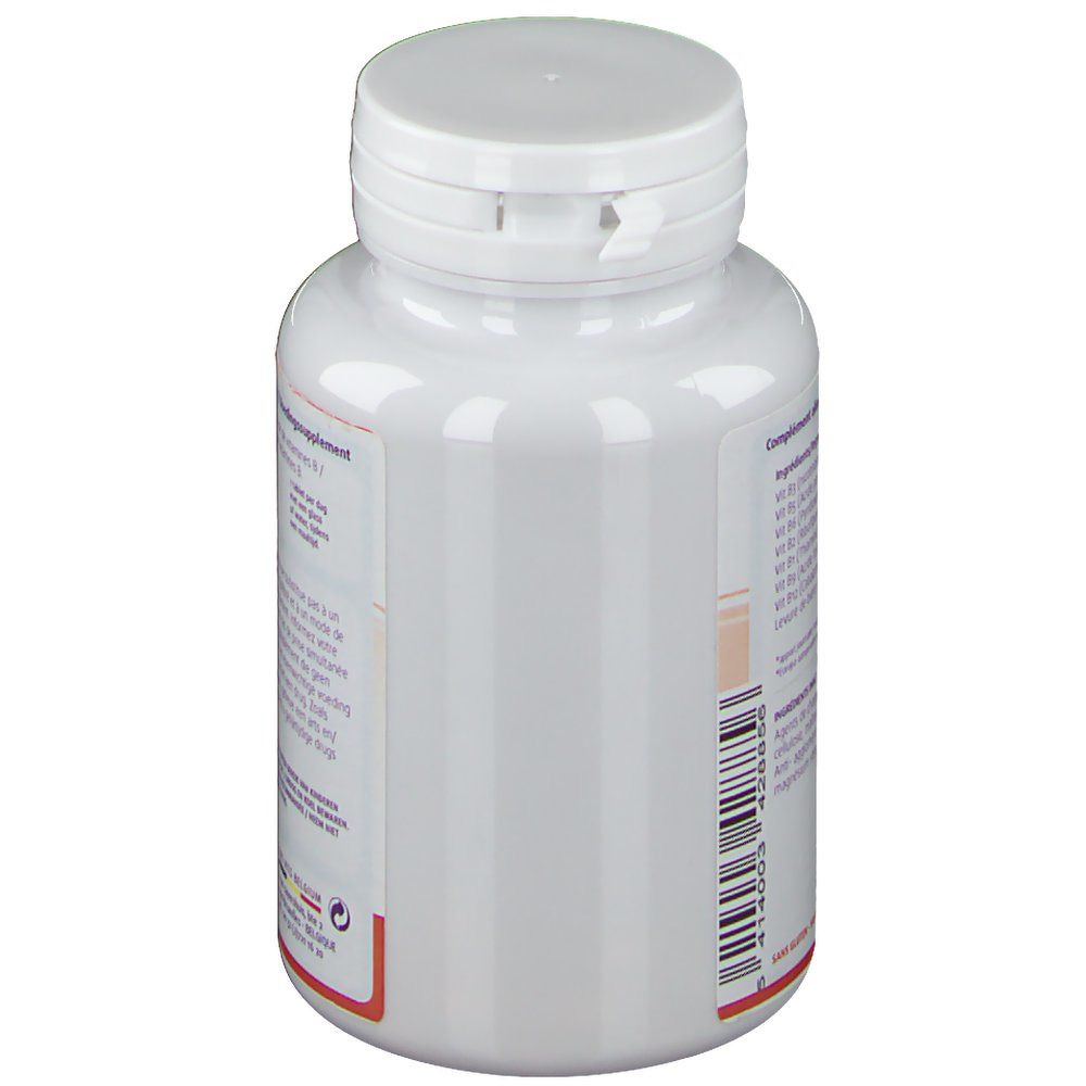 Vista laterale del flacone bianco di Vitamine B Complex. Testo: Integratore alimentare. Ingredienti e dosaggio. Marchio: Leppin.