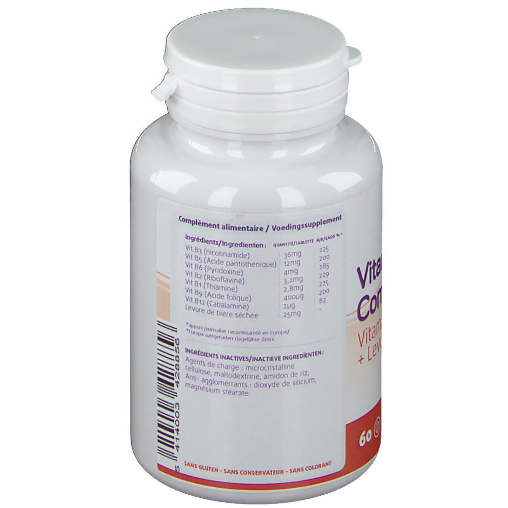 Retro del flacone bianco di Vitamine B Complex. Ingredienti e informazioni nutrizionali. Testo: Integratore alimentare. Marchio: Leppin.