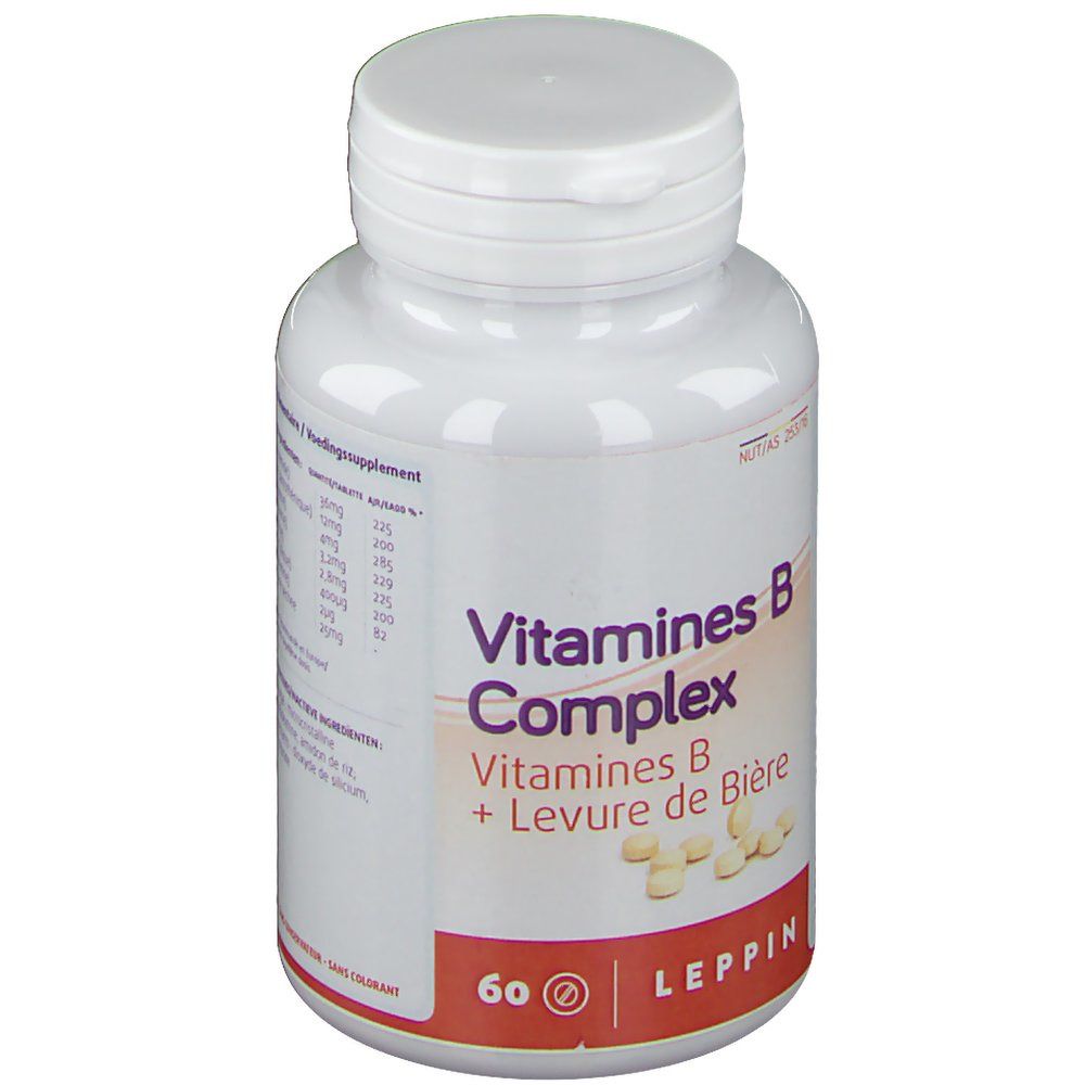 Flacone bianco di Vitamine B Complex. Scritta: Vitamines B Complex, Vitamines B + Levure de Bière. 60 compresse. Marchio: Leppin.