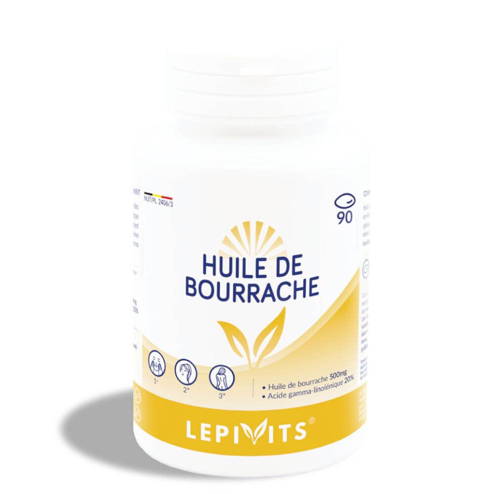Flacone bianco di capsule. Scritta: Huile de Bourrache. Etichetta gialla con logo e testo. 90 capsule.