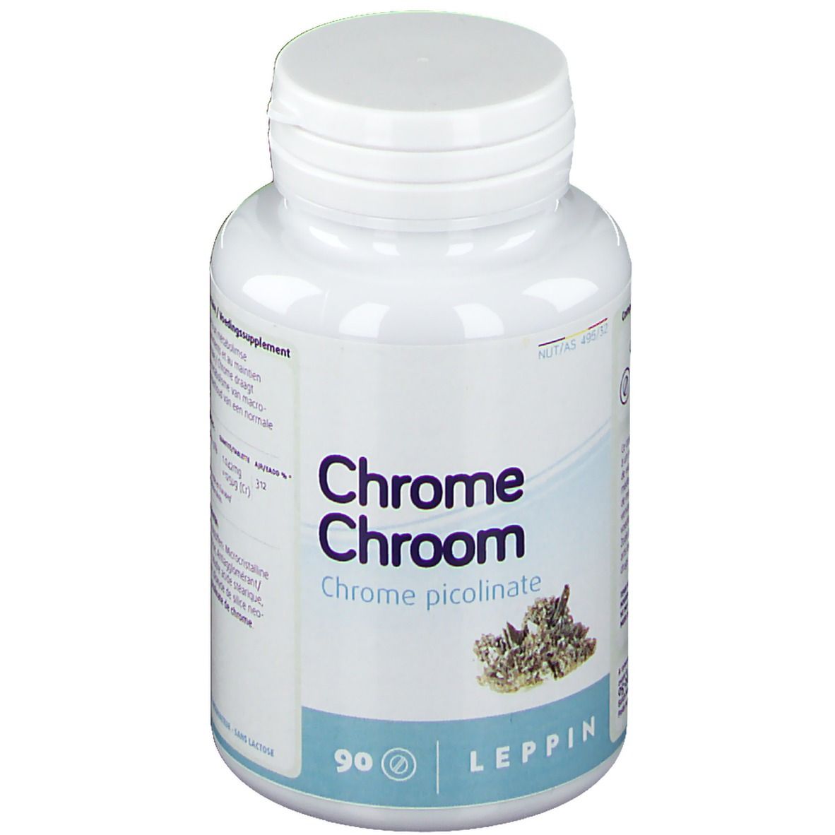 Flacone bianco con tappo a vite. Scritta: Chrome Chroom, Chrome picolinate. 90 compresse. Marchio Leppin.