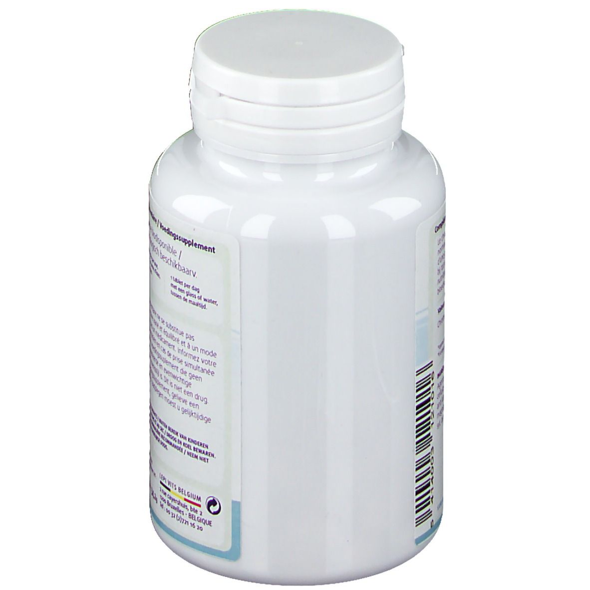 Flacone bianco con tappo a vite. Etichetta con testo. Integratore alimentare. Marchio Leppin. Scritta.