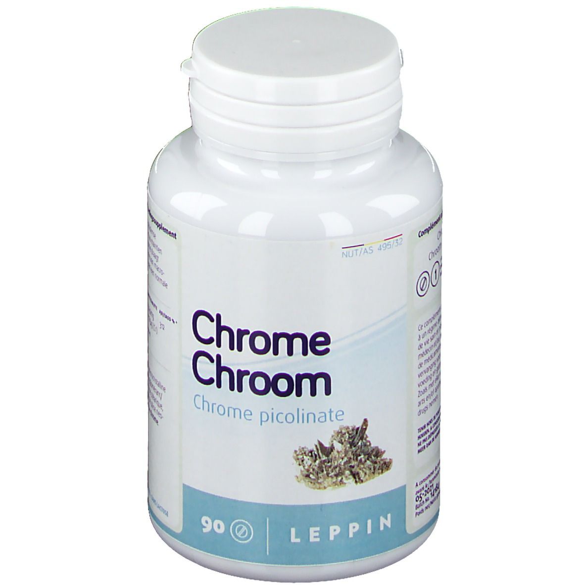 Flacone bianco con tappo a vite. Scritta: Chrome Chroom, Chrome picolinate. 90 compresse. Marchio Leppin.