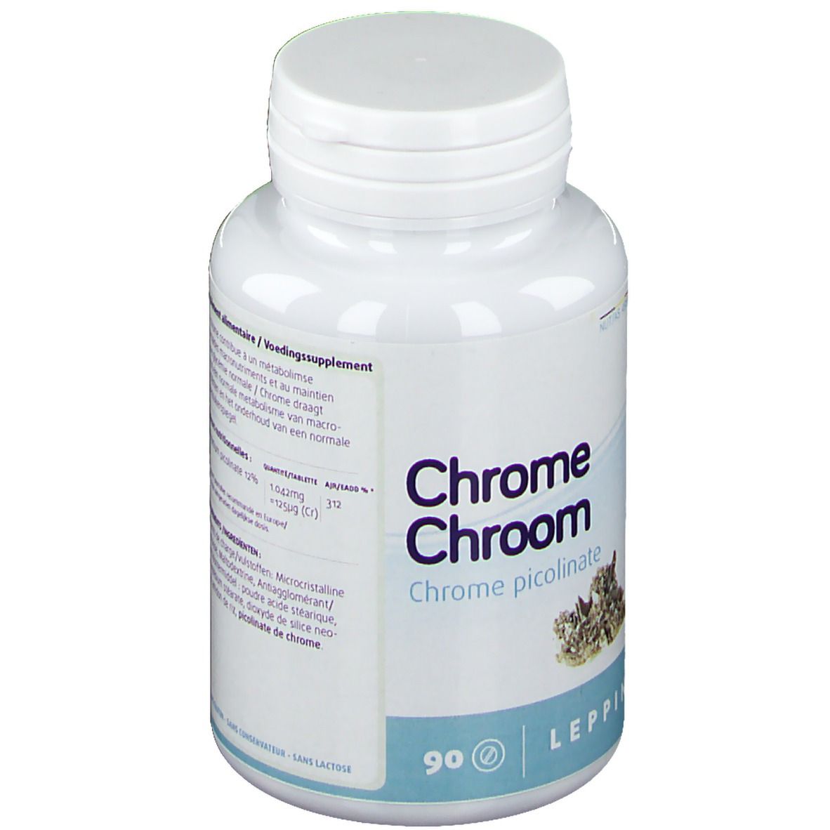 Flacone bianco con tappo a vite. Scritta: Chrome Chroom, Chrome picolinate. 90 compresse. Marchio Leppin.
