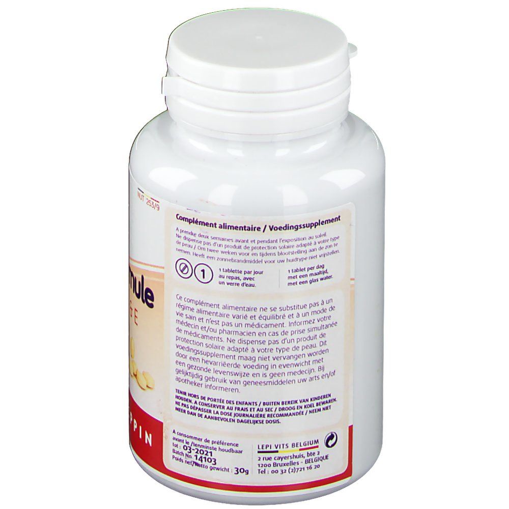 Retro di un flacone bianco con capsule. Testo: Integratore alimentare. Informazioni per l'uso. Marchio: Leppin.