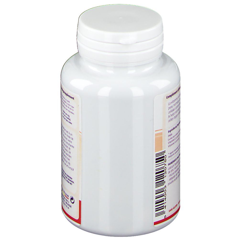 Vista laterale di un flacone bianco con capsule. Testo: Integratore alimentare. Marchio: Leppin.