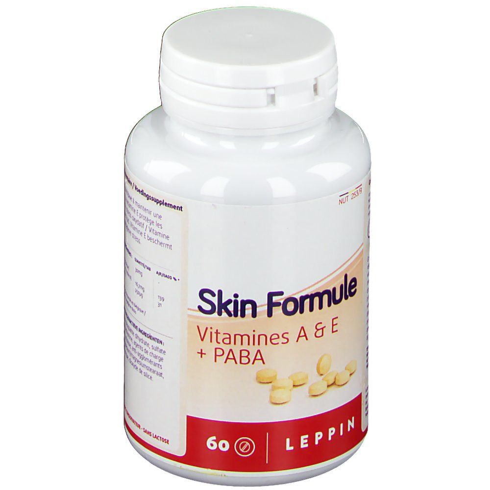 Flacone bianco con capsule. Scritta: Skin Formule, Vitamine A & E + PABA. 60 capsule. Marchio: Leppin.