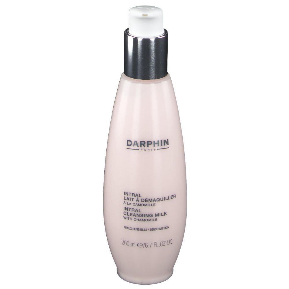 Flacone rosa con erogatore bianco. Scritta: DARPHIN, Intral Lait à Démaquiller, Intral Cleansing Milk with Chamomile.