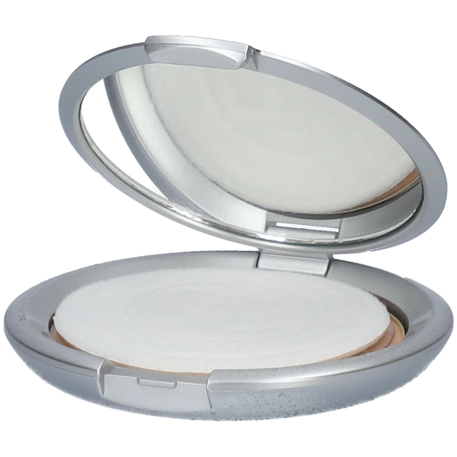 Cofanetto compatto argento aperto, con specchio e cipria. Cipria e specchio visibili.