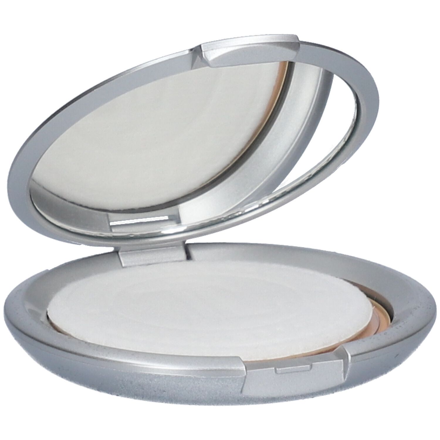 Cofanetto compatto argento aperto, con specchio e cipria. Cipria e specchio visibili.