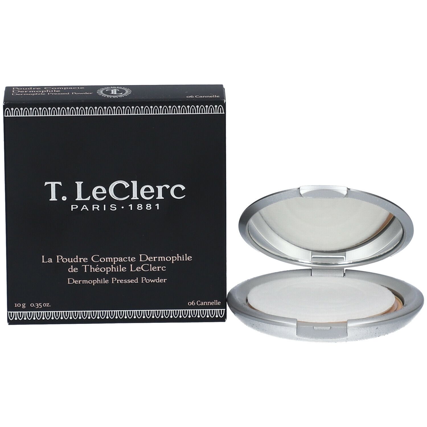 Cofanetto compatto accanto a confezione nera. Cofanetto aperto, specchio e cipria visibili. Testo sulla confezione.