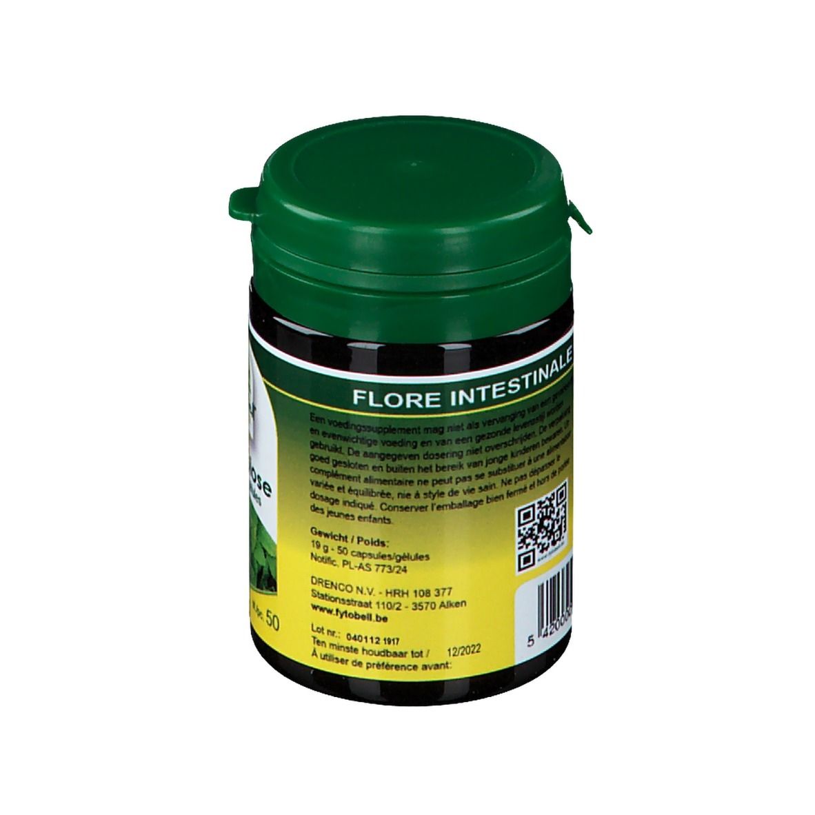Barattolo verde con coperchio nero. Scritta: Flore Intestinale. Codice QR e testo sull'etichetta.