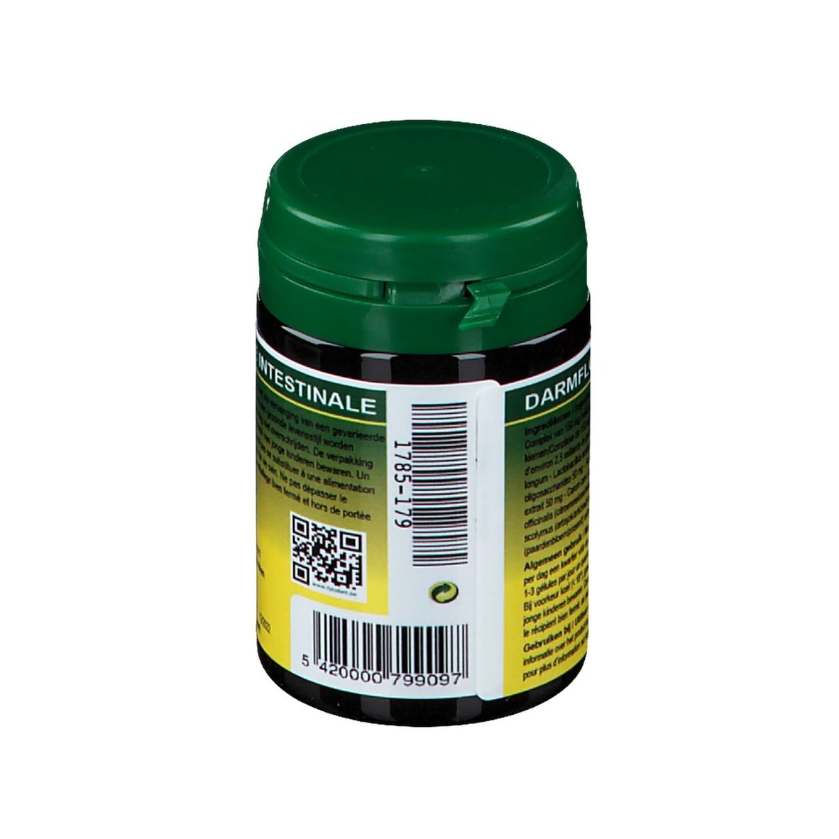 Barattolo verde con coperchio nero. Scritta: Intestinale, Darmflora. Codice a barre e testo sull'etichetta.