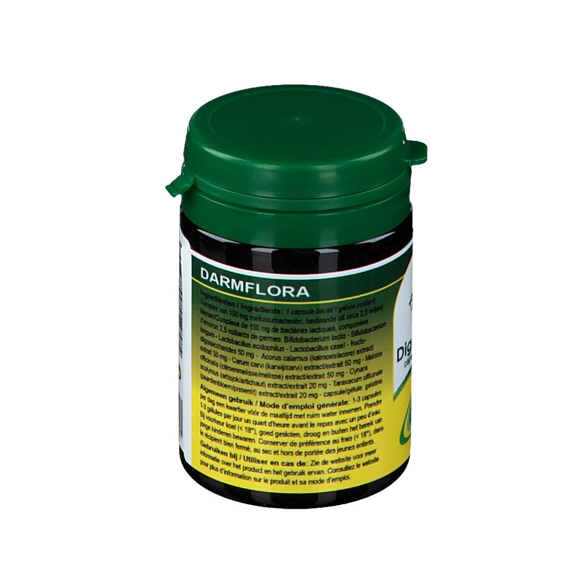 Barattolo verde con coperchio nero. Scritta: Darmflora. Testo con ingredienti e utilizzo.