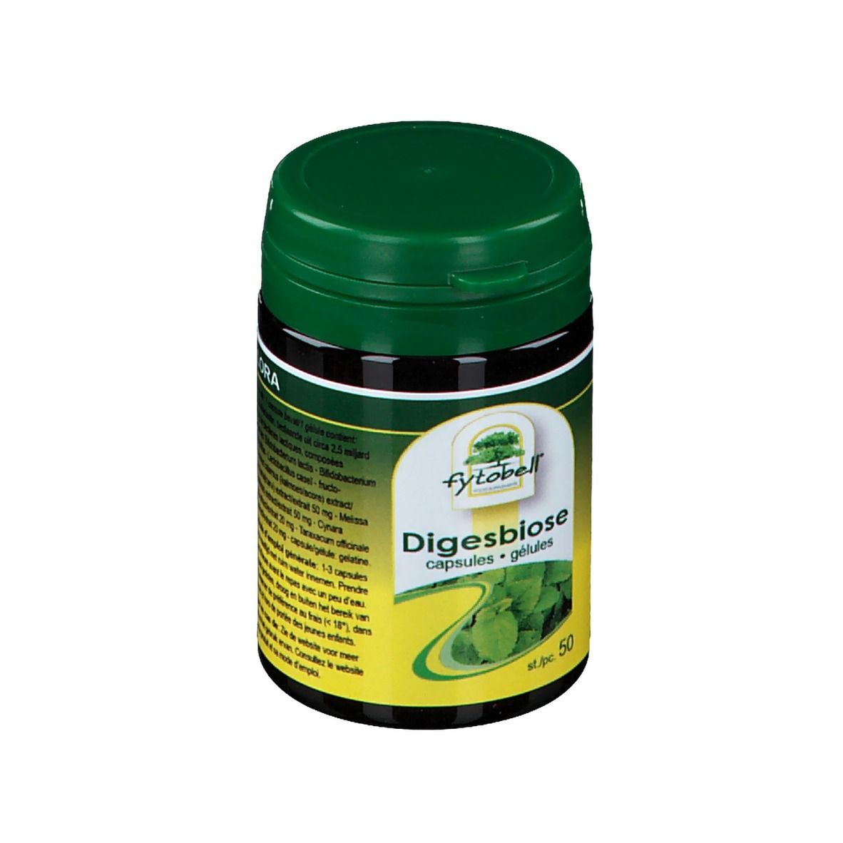 Barattolo verde con coperchio nero. Scritta: Fytobell Digesbiose, capsule. 50 pezzi. Etichetta con foglie.