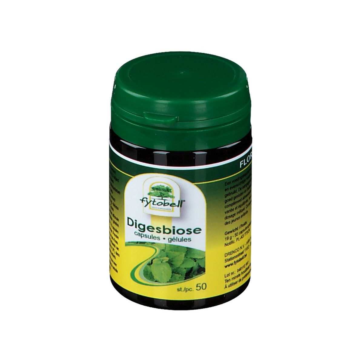 Barattolo verde con coperchio nero. Scritta: Fytobell Digesbiose, capsule. 50 pezzi. Etichetta con foglie.