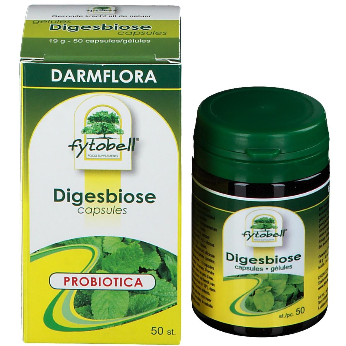 Confezione e barattolo del prodotto. Scritta: Darmflora, Fytobell Digesbiose, capsule. 50 pezzi. Probiotici.