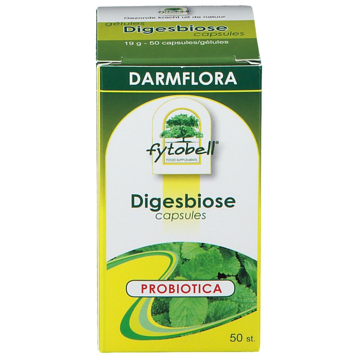 Confezione del prodotto. Scritta: Darmflora, Fytobell Digesbiose, capsule. 50 pezzi. Probiotici.