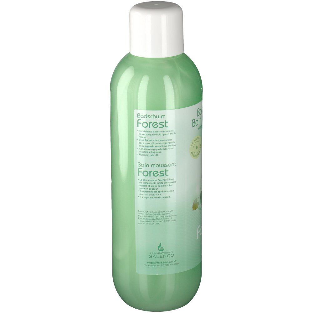 Bottiglia verde con tappo bianco. Etichetta con testo. Scritta: Badeschaum, Forest, Galenco.