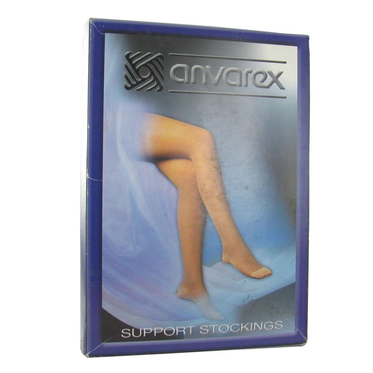Confezione di calze a compressione Anvarex. Scritta Anvarex. Immagine di gambe con calze. Bordo blu, sfondo bianco.