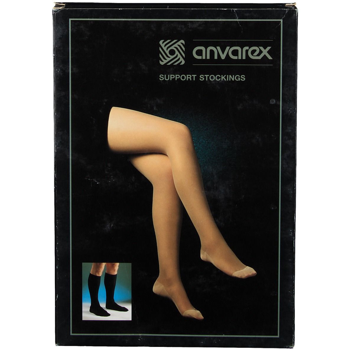 Confezione di calze a compressione Anvarex. Scritta: Support Stockings. Immagine di gambe con calze color carne.