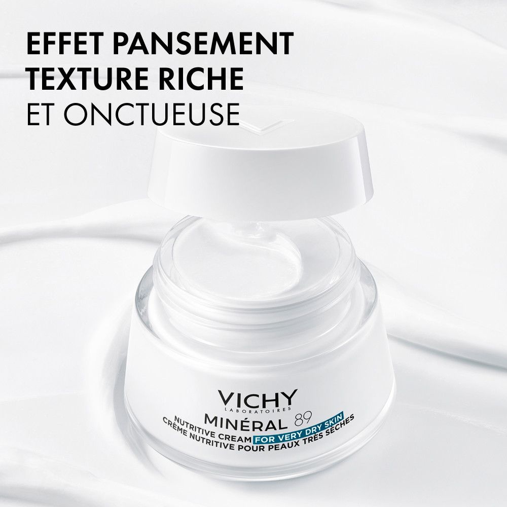 Vaso di crema con coperchio aperto. Testo: Effetto bendaggio, texture ricca e untuosa. Vichy Mineral 89.