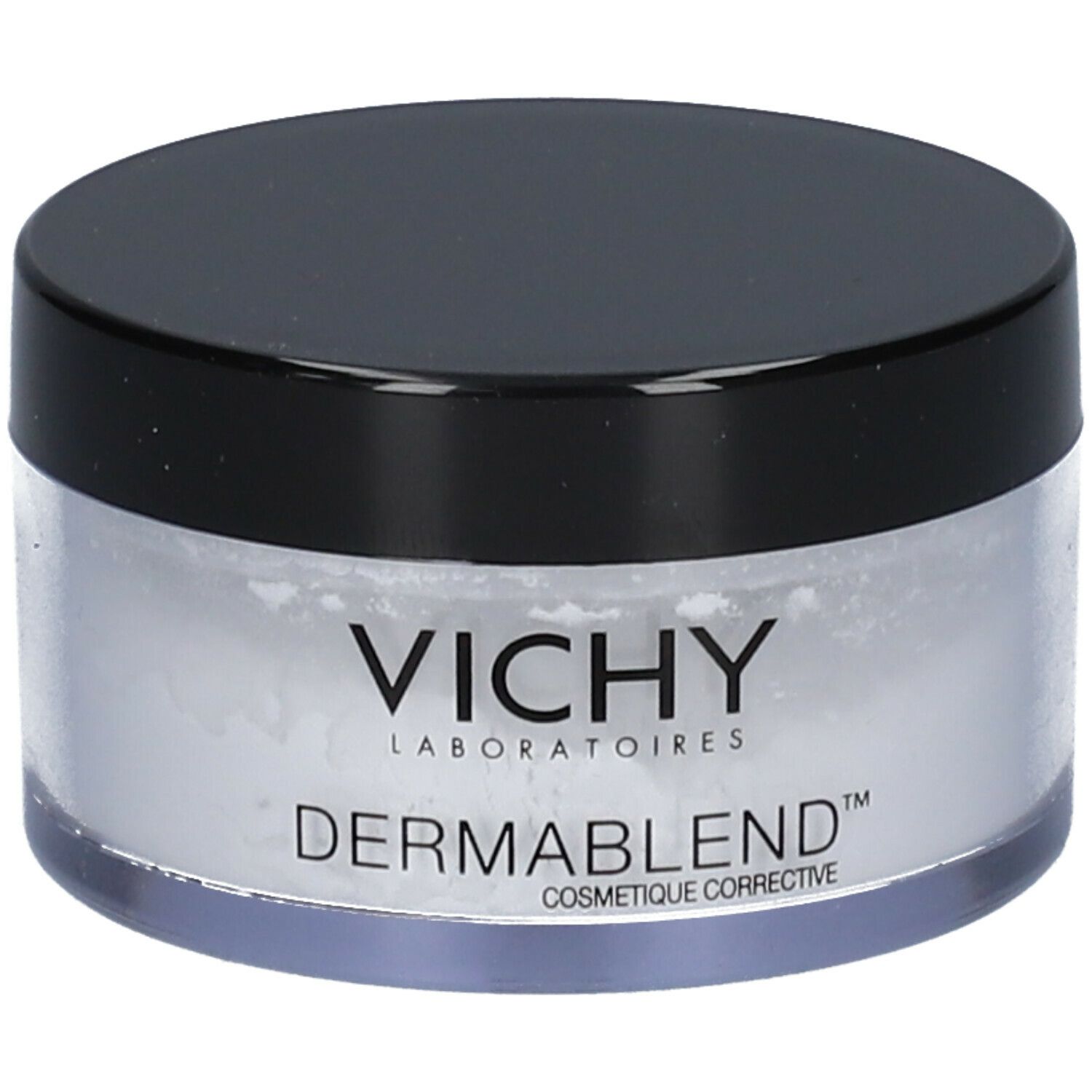 Contenitore rotondo con coperchio nero. Contiene polvere bianca. Marchio: Vichy Dermablend.