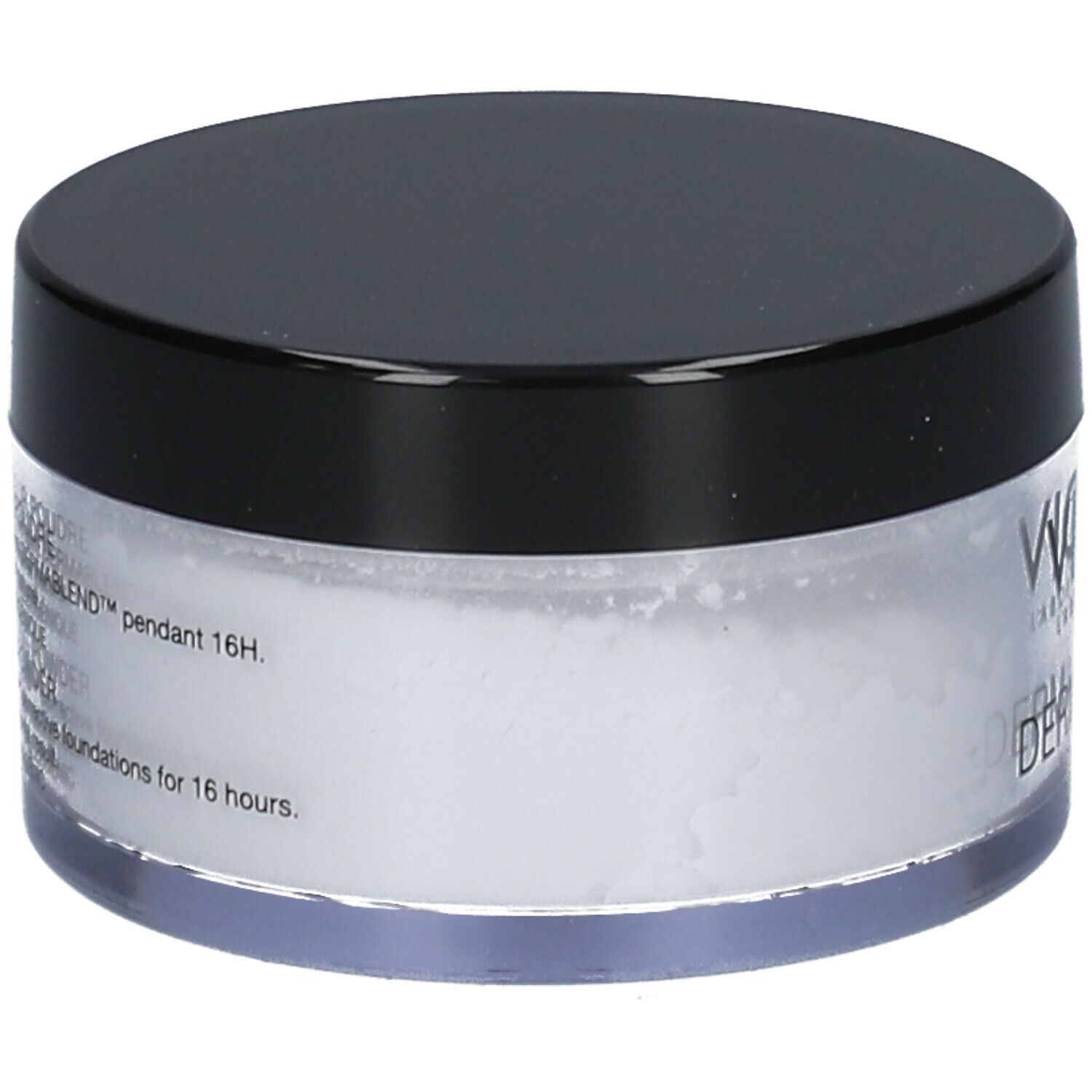 Contenitore rotondo con coperchio nero. Contiene polvere bianca. Marchio: Vichy Dermablend.