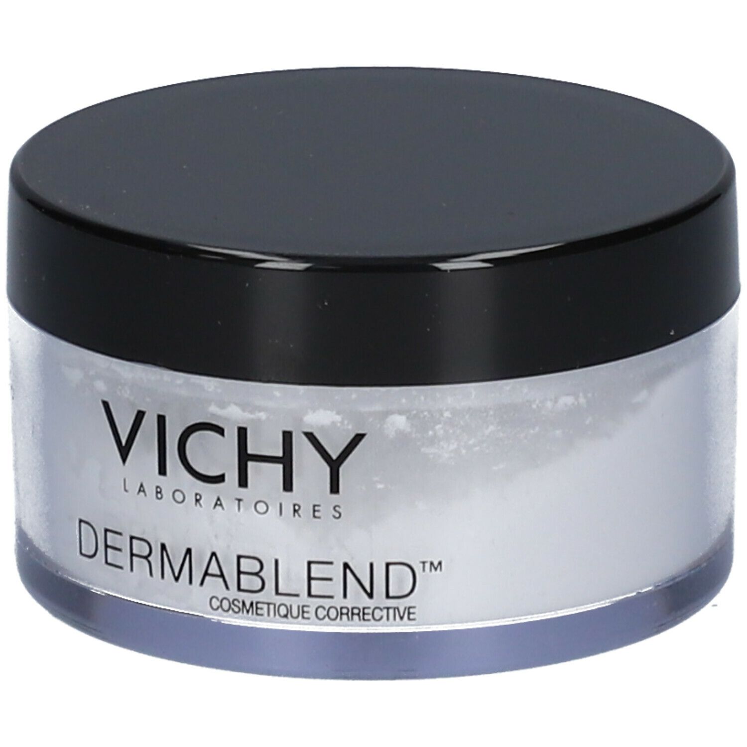 Contenitore rotondo con coperchio nero. Contiene polvere bianca. Marchio: Vichy Dermablend.